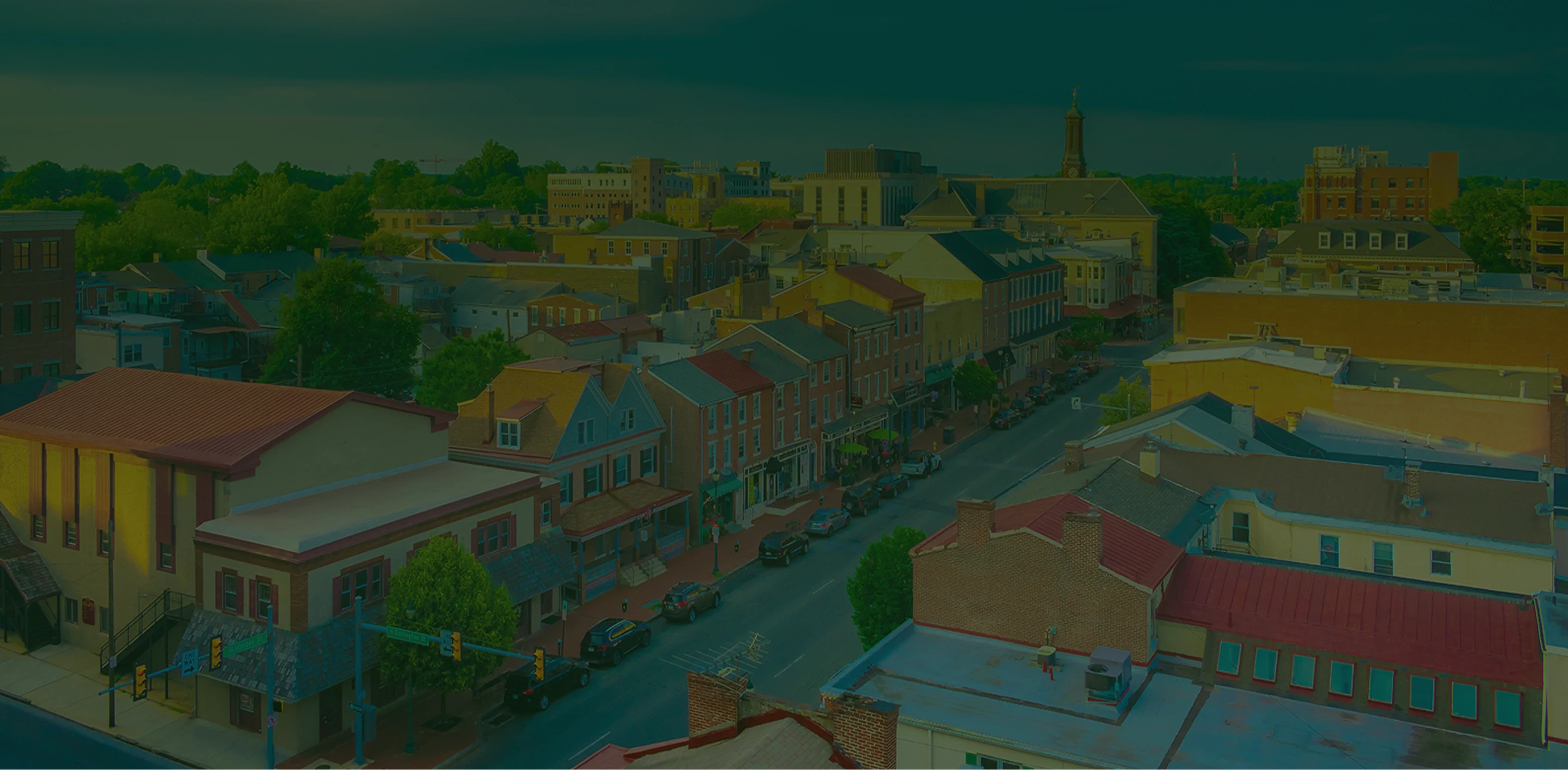 Aerial view of downtown West Chester, Pennsylvania.